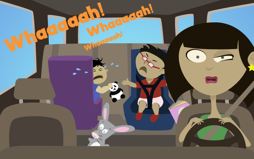 Mom driving with crying children in the backseat