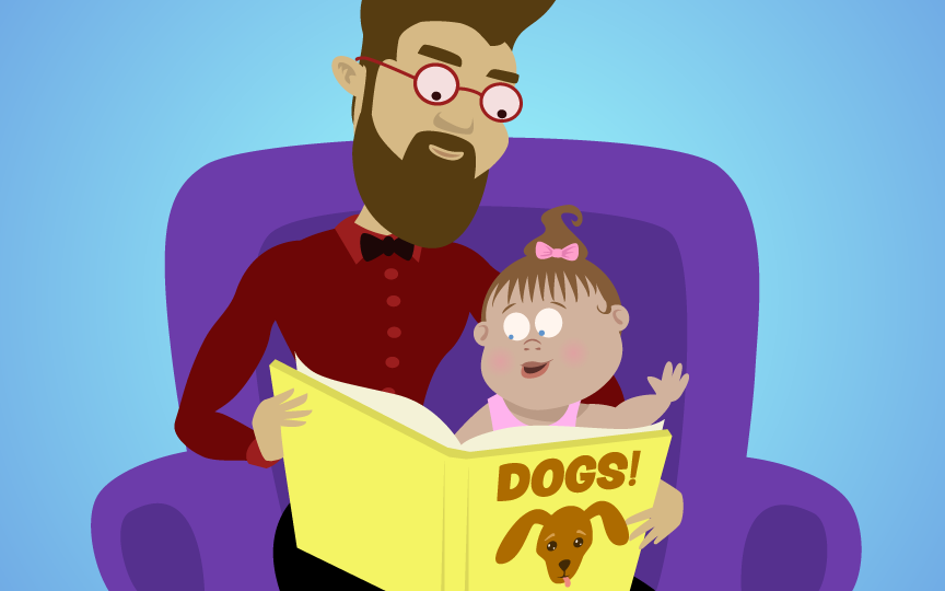 Dad reading book to toddler in his lap