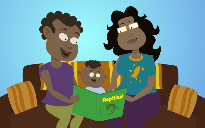 Mom and Dad read a book together with their baby