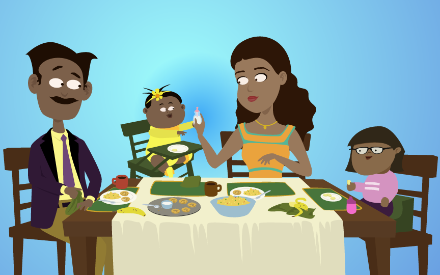 Parents, toddler, and baby sharing dinner as a family