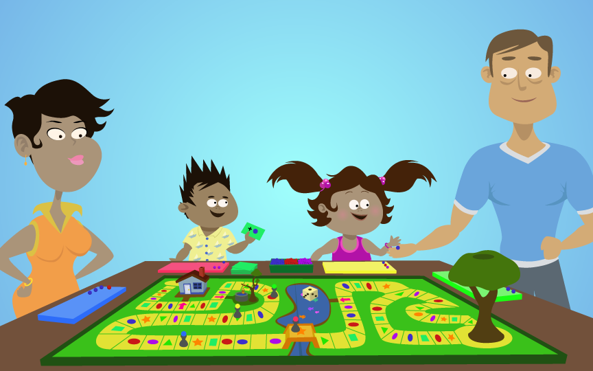Parents, son, and daughter playing boardgame together