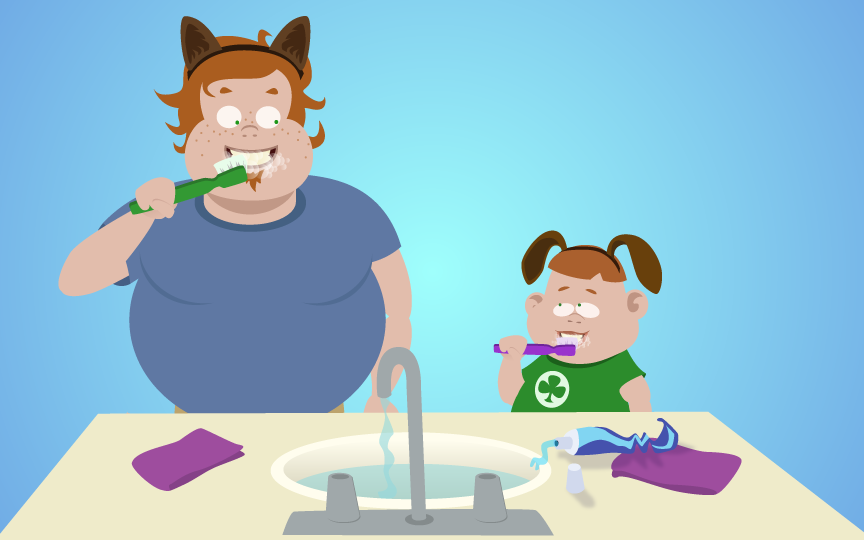 illustration of dad and son brushing teeth