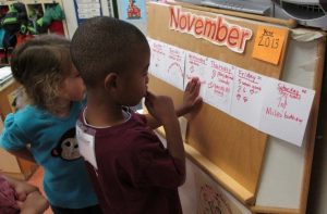 Photo of children looking and daily classroom calendar