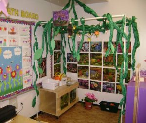 Picture of a classroom nursery theme using plants and garden items