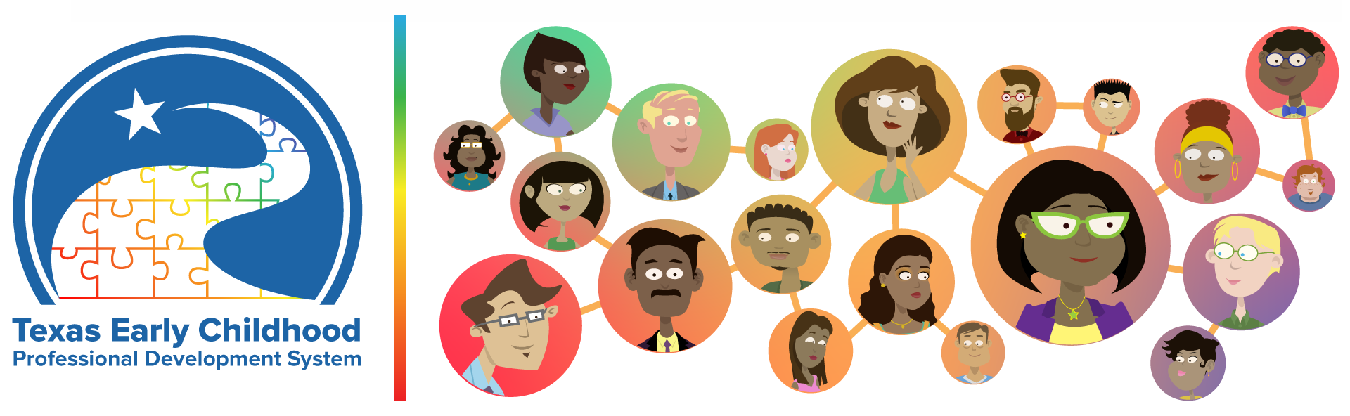 the TECPDS logo and a group of cartoons in an artistic web that represents people who use the platfrom.